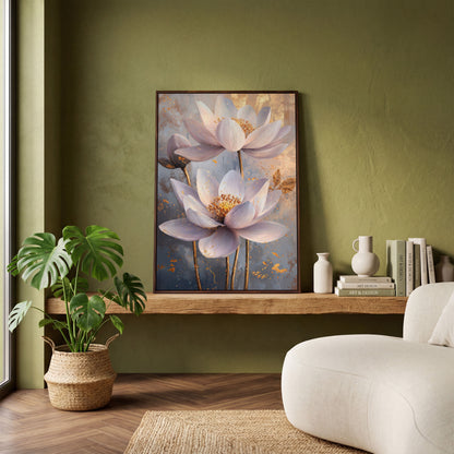 Lotus Flower Abstract Canvas in Lavender and Gold in dark walnut floating frame
