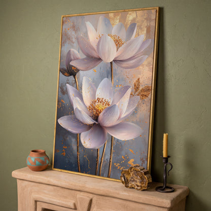 Lotus Flower Abstract Canvas in Lavender and Gold in white oak floating frame