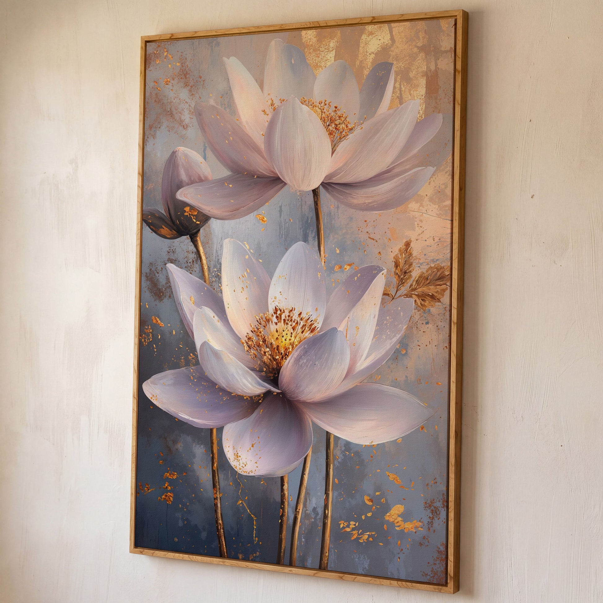 Lotus Flower Abstract Canvas in Lavender and Gold shown in white oak floating frame