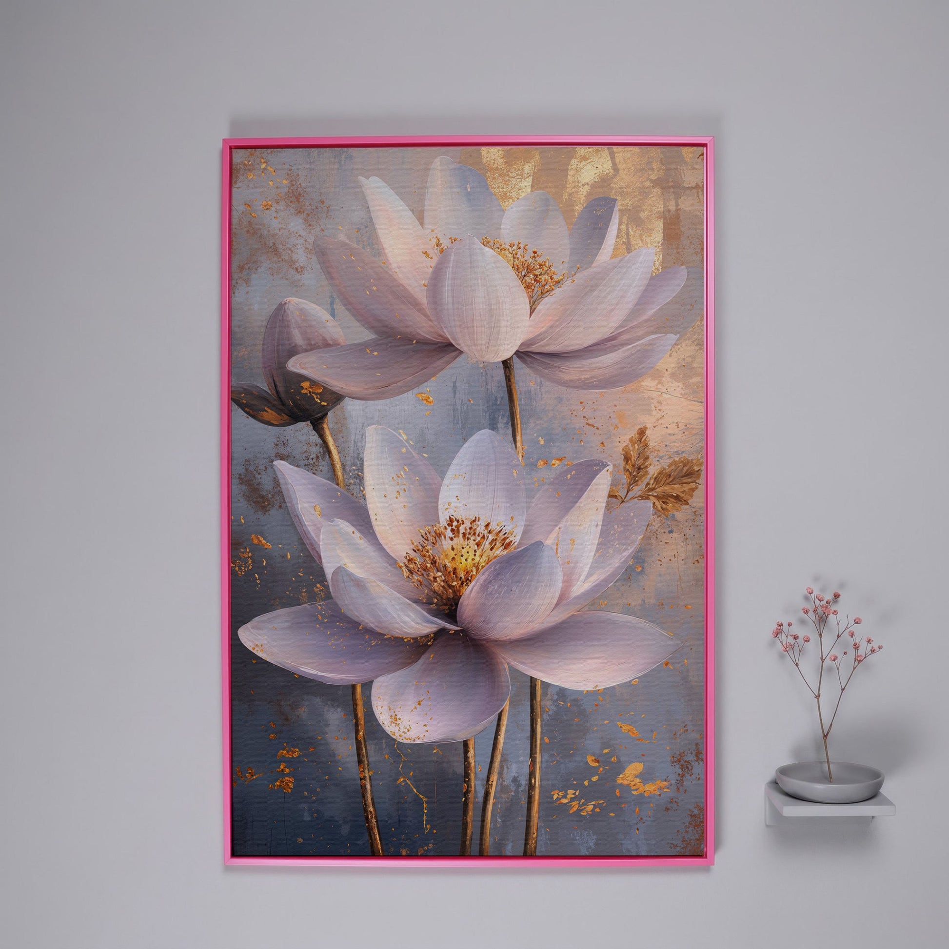 Lotus Flower Abstract Canvas in Lavender and Gold in pink floating frame