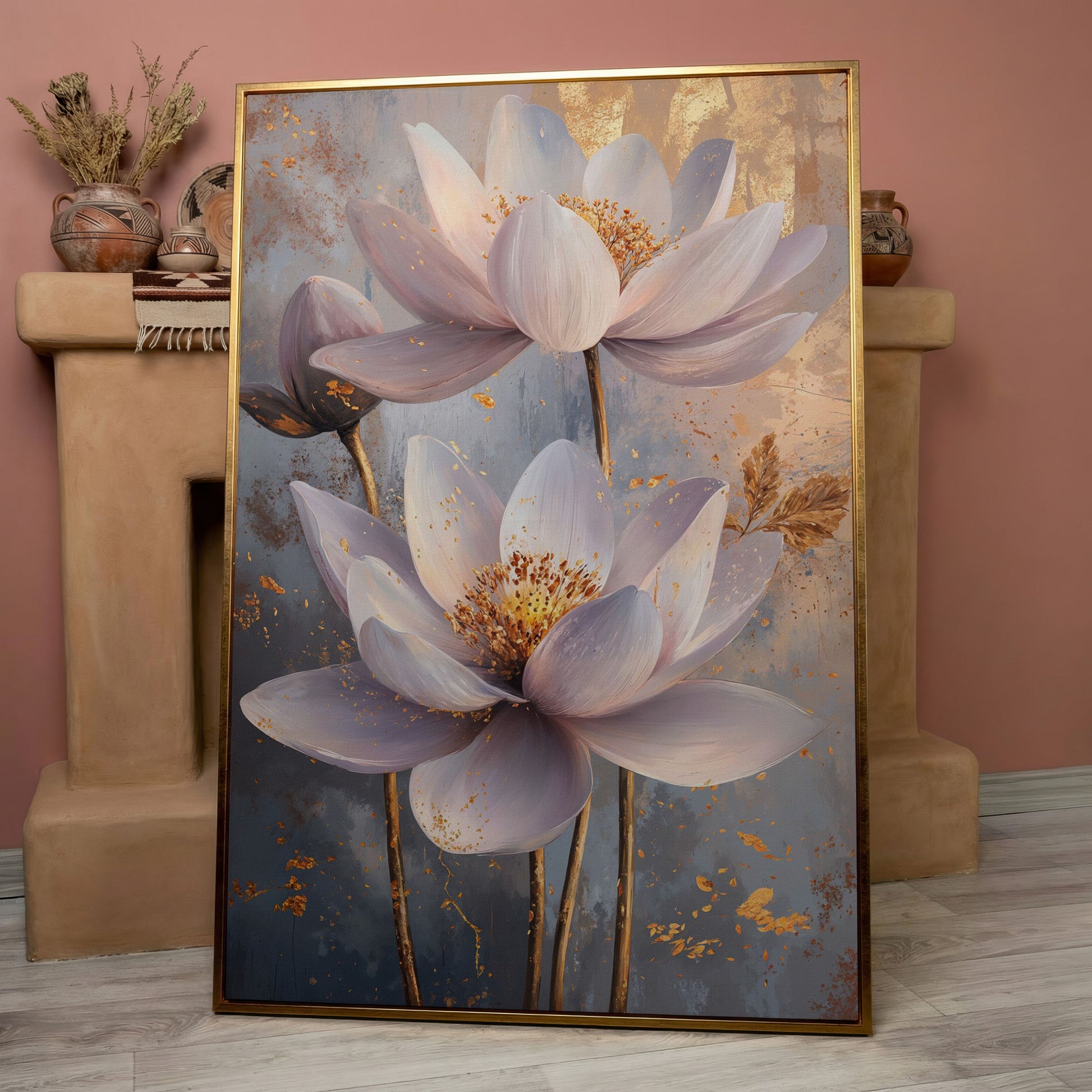 Lotus Flower Abstract Canvas in Lavender and Gold in rose gold floating frame