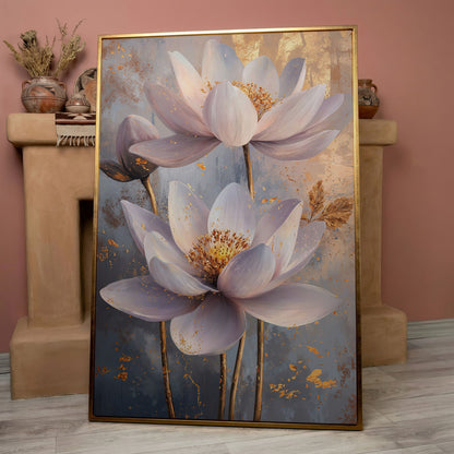Lotus Flower Abstract Canvas in Lavender and Gold in rose gold floating frame