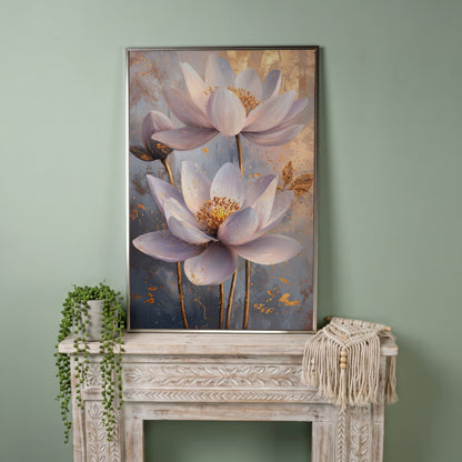 Lotus Flower Abstract Canvas in Lavender and Gold in silver floating frame