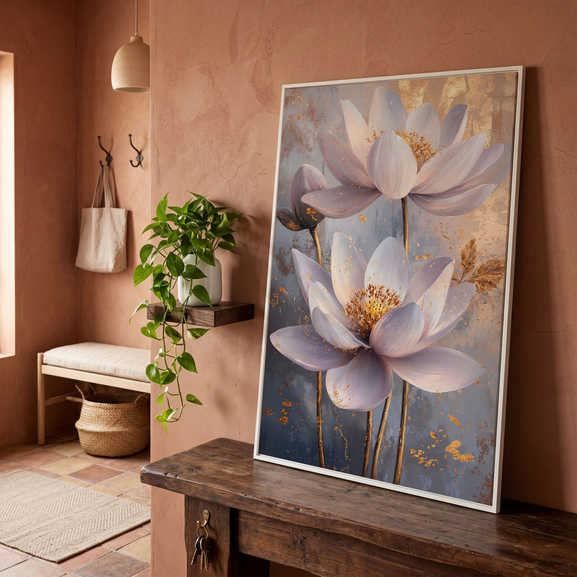 Lotus Flower Abstract Canvas in Lavender and Gold in white floating frame