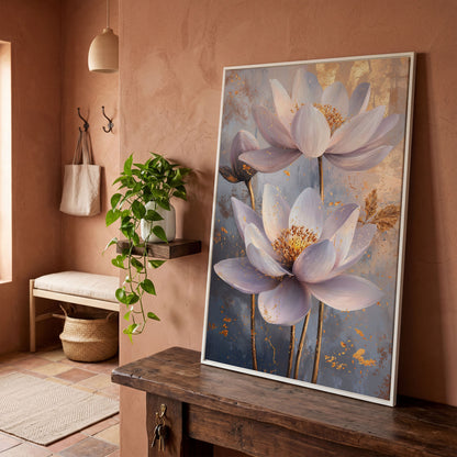 Lotus Flower Abstract Canvas in Lavender and Gold in white floating frame