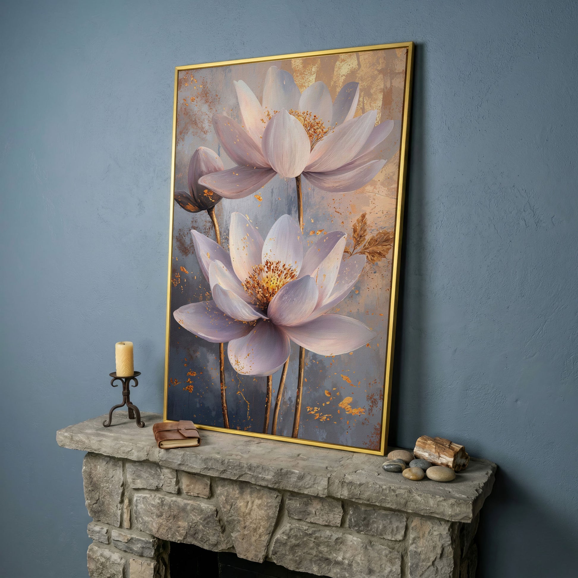 Lotus Flower Abstract Canvas in Lavender and Gold in yellow gold floating frame