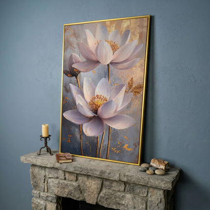Lotus Flower Abstract Canvas in Lavender and Gold in yellow gold floating frame