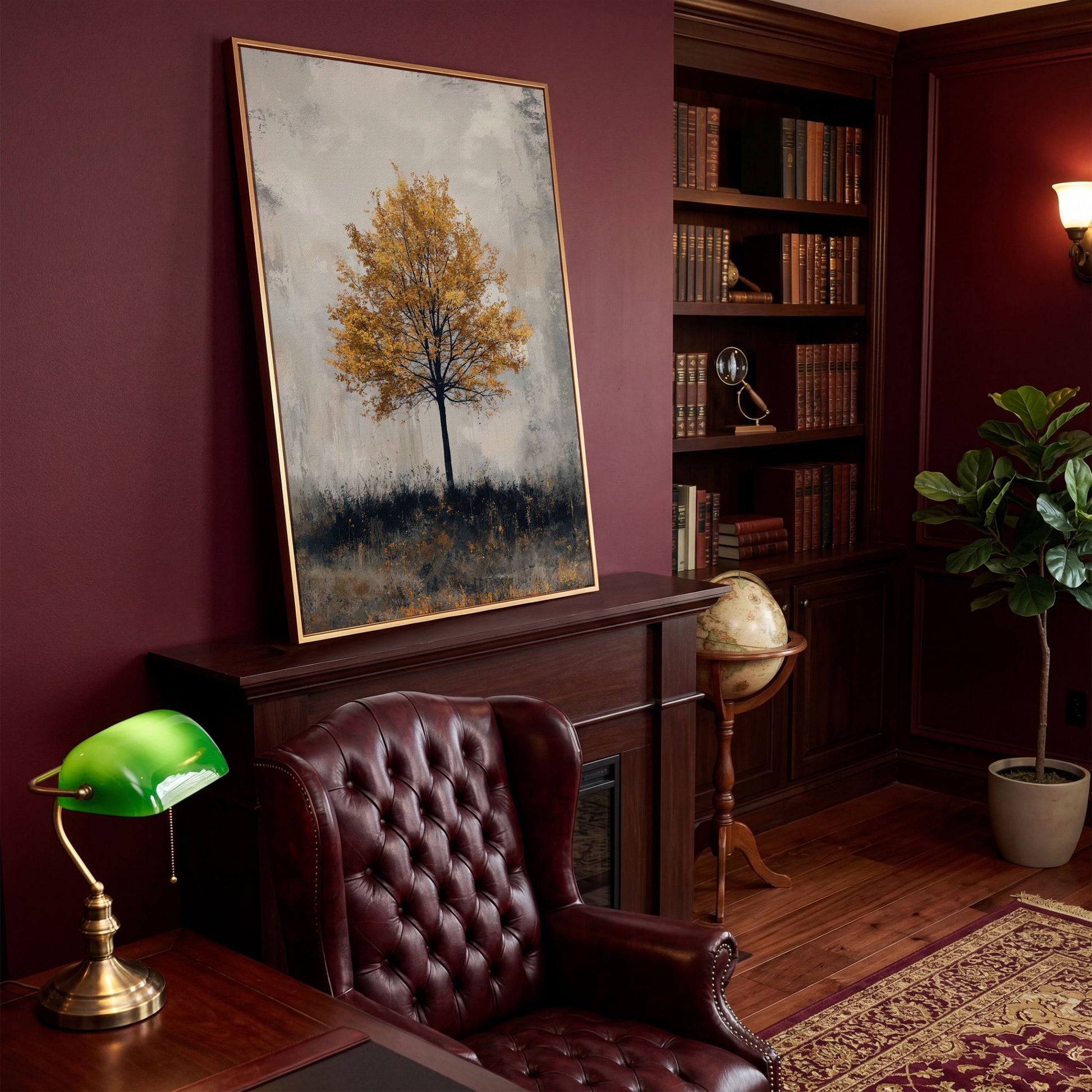 Autumn Golden Leaf Tree Canvas Print, Farmhouse Decor in antique gold floating frame