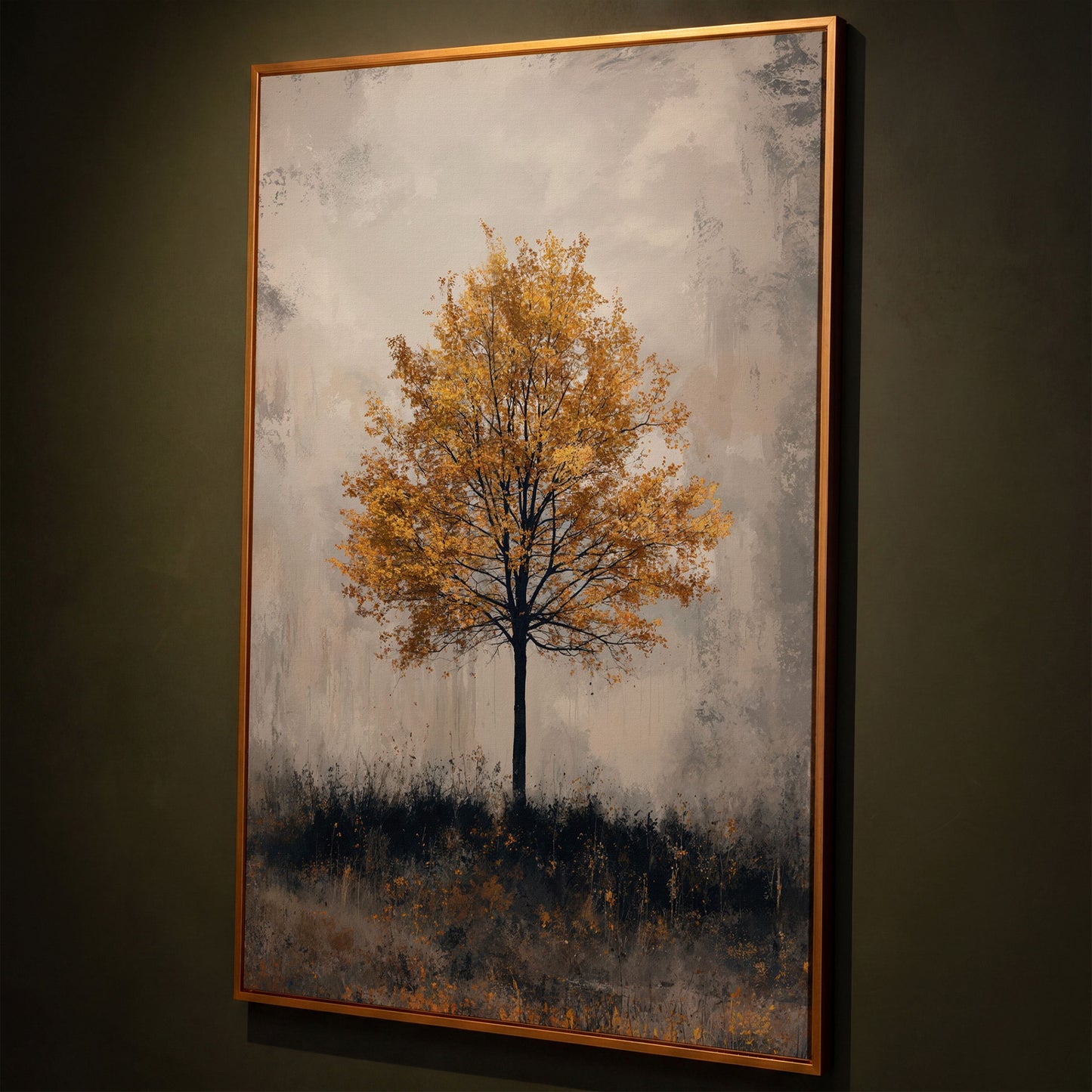 Autumn Golden Leaf Tree Canvas Print, Farmhouse Decor shown in antique gold floating frame