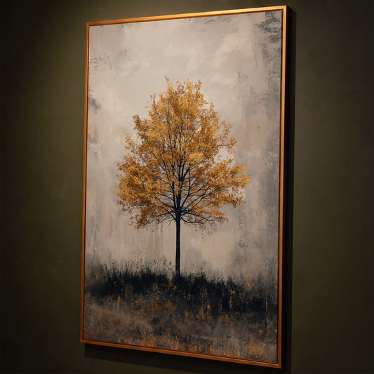 Autumn Golden Leaf Tree Canvas Print, Farmhouse Decor shown in antique gold floating frame