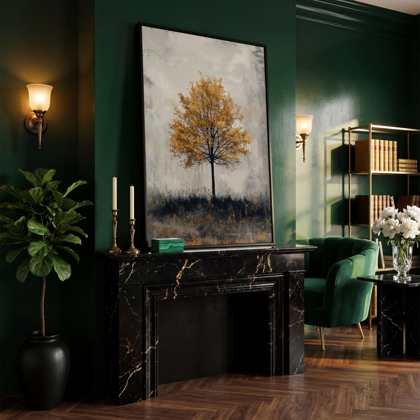 Autumn Golden Leaf Tree Canvas Print, Farmhouse Decor in black floating frame