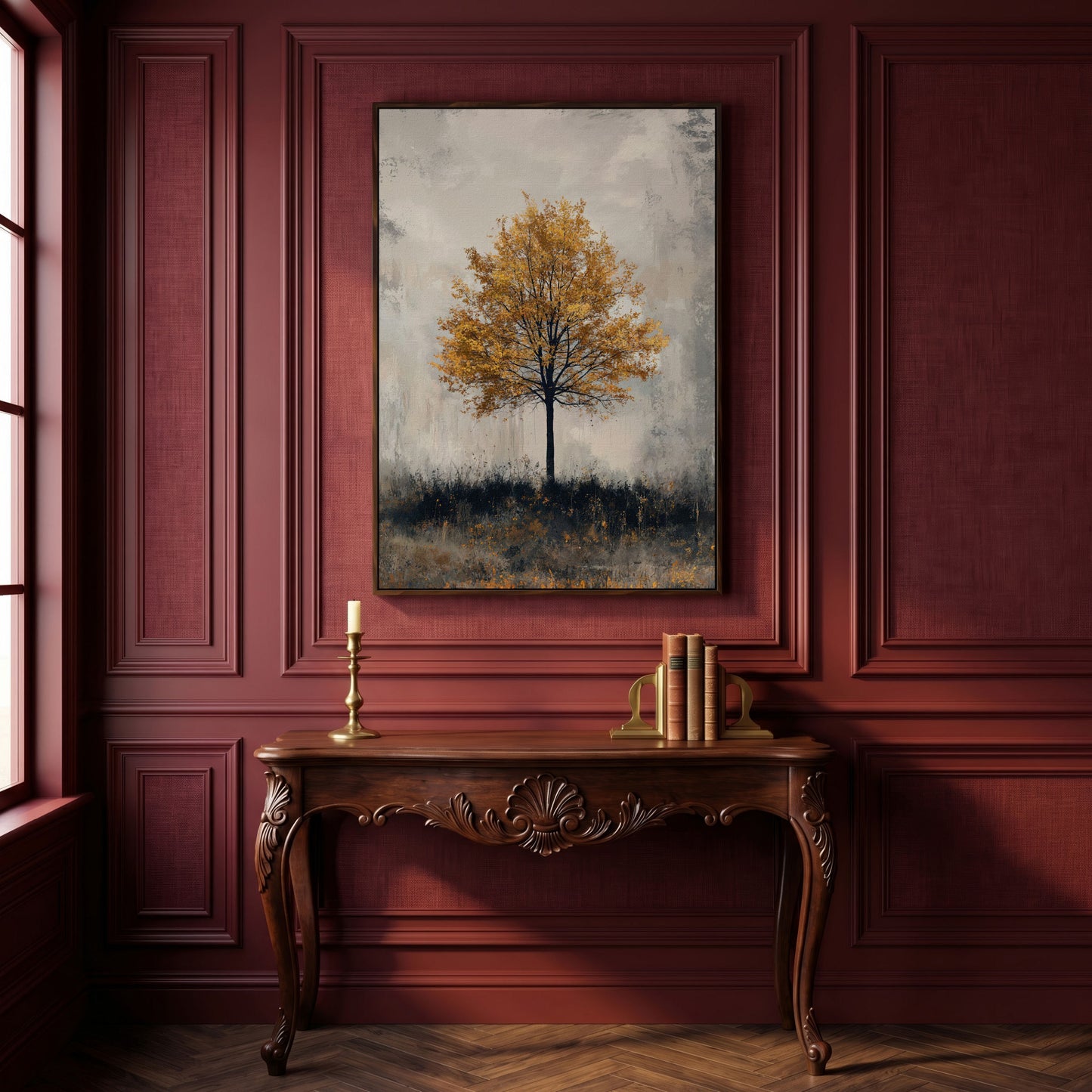 Autumn Golden Leaf Tree Canvas Print, Farmhouse Decor in dark walnut floating frame
