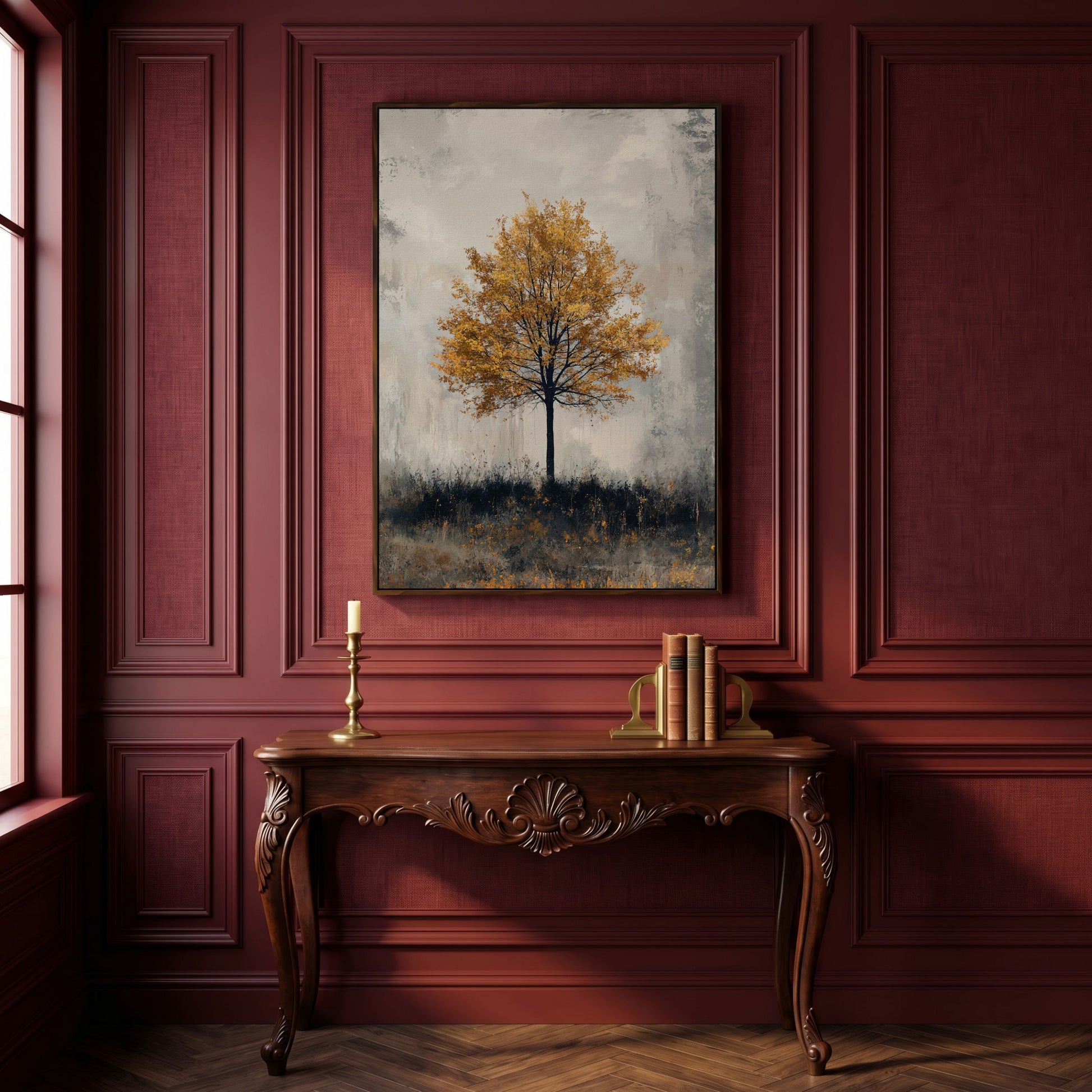 Autumn Golden Leaf Tree Canvas Print, Farmhouse Decor in dark walnut floating frame