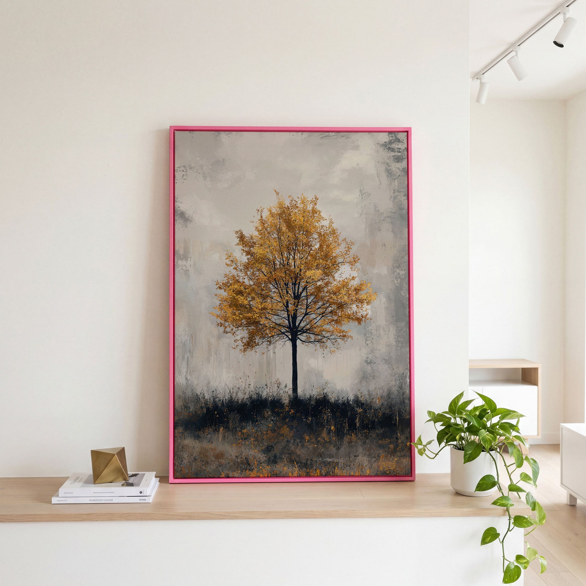 Autumn Golden Leaf Tree Canvas Print, Farmhouse Decor in pink floating frame