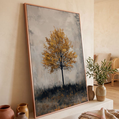 Autumn Golden Leaf Tree Canvas Print, Farmhouse Decor in rose gold floating frame