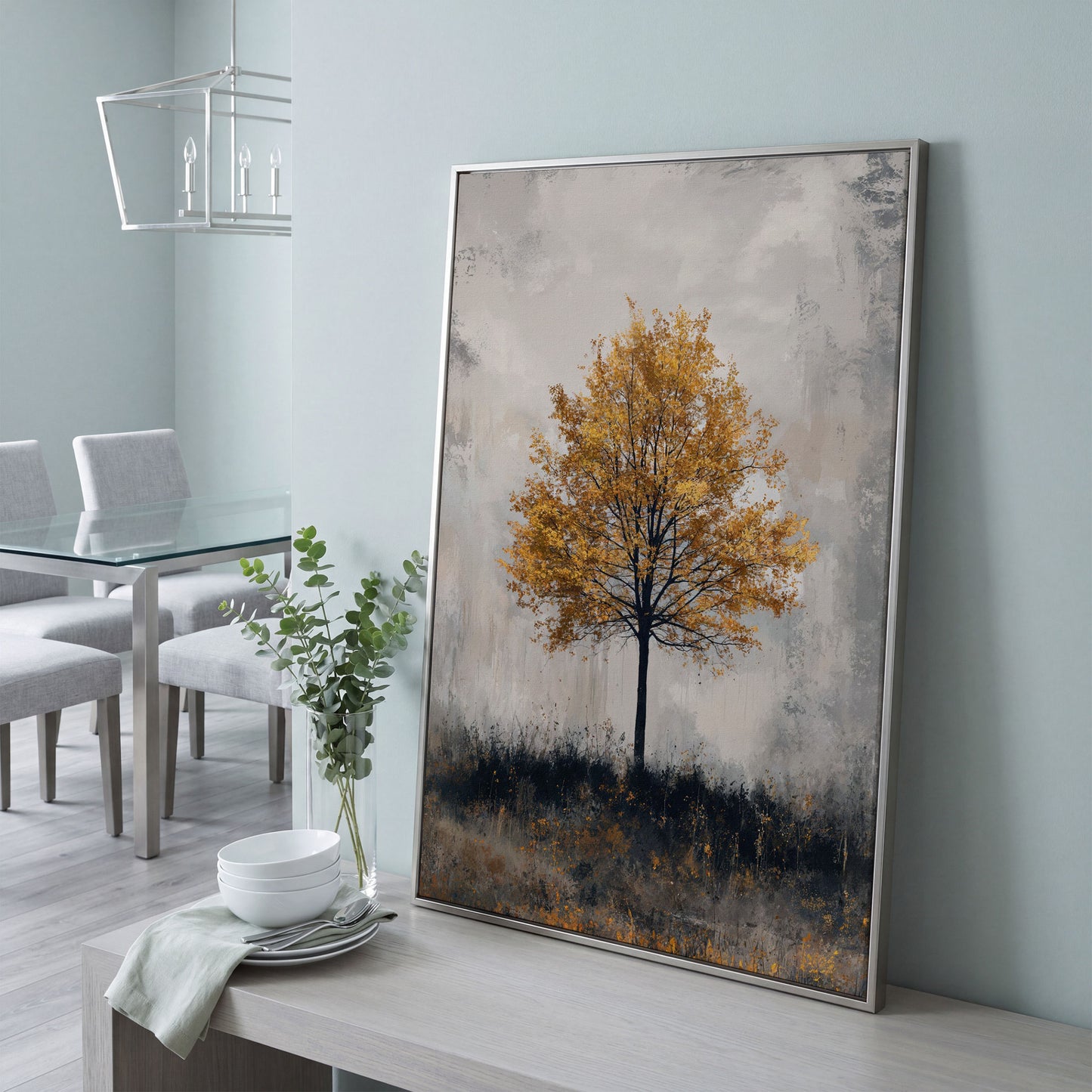 Autumn Golden Leaf Tree Canvas Print, Farmhouse Decor in silver floating frame