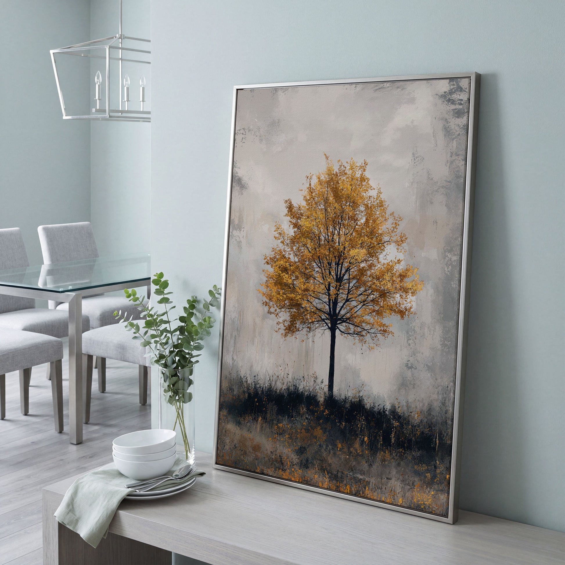 Autumn Golden Leaf Tree Canvas Print, Farmhouse Decor in silver floating frame