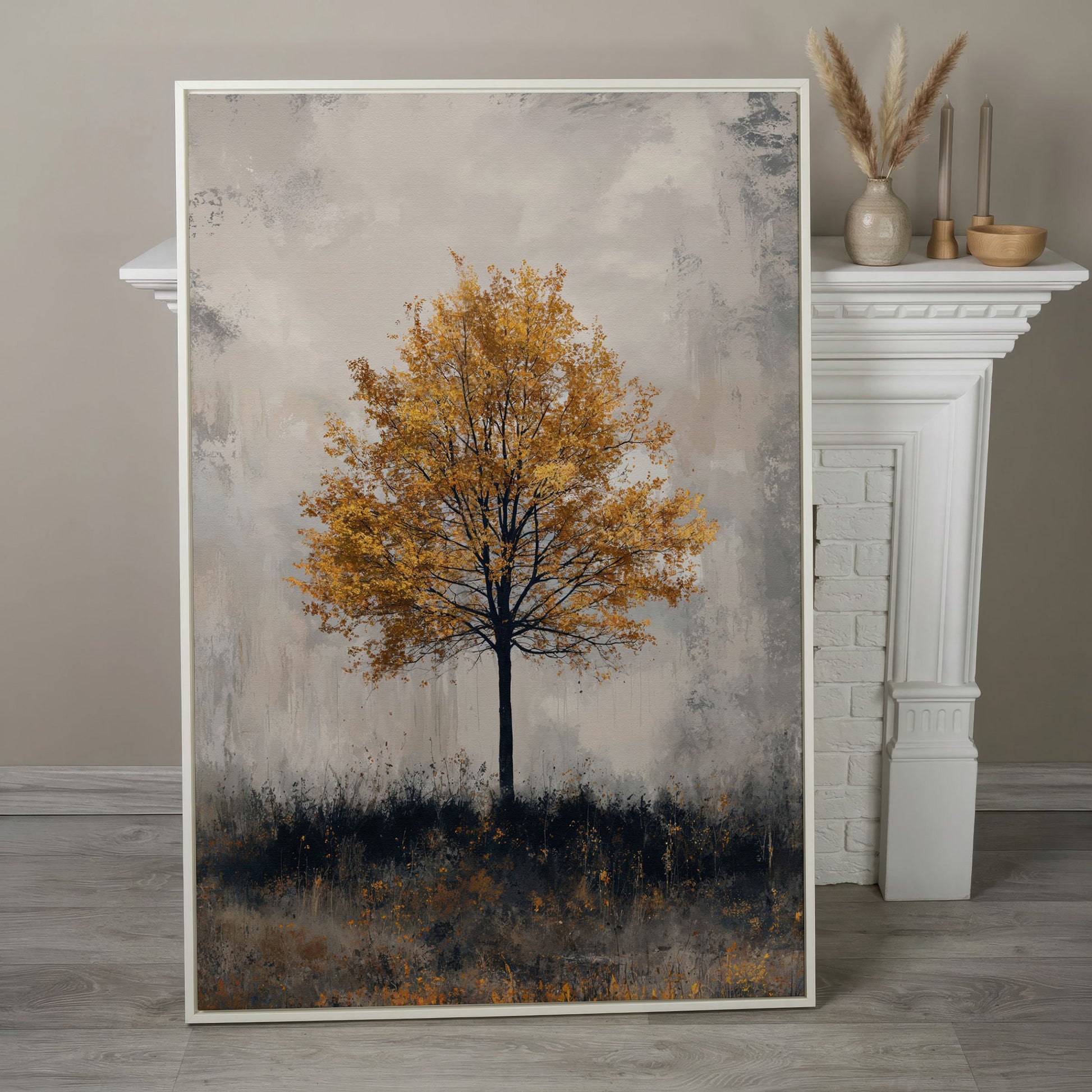 Autumn Golden Leaf Tree Canvas Print, Farmhouse Decor in white floating frame
