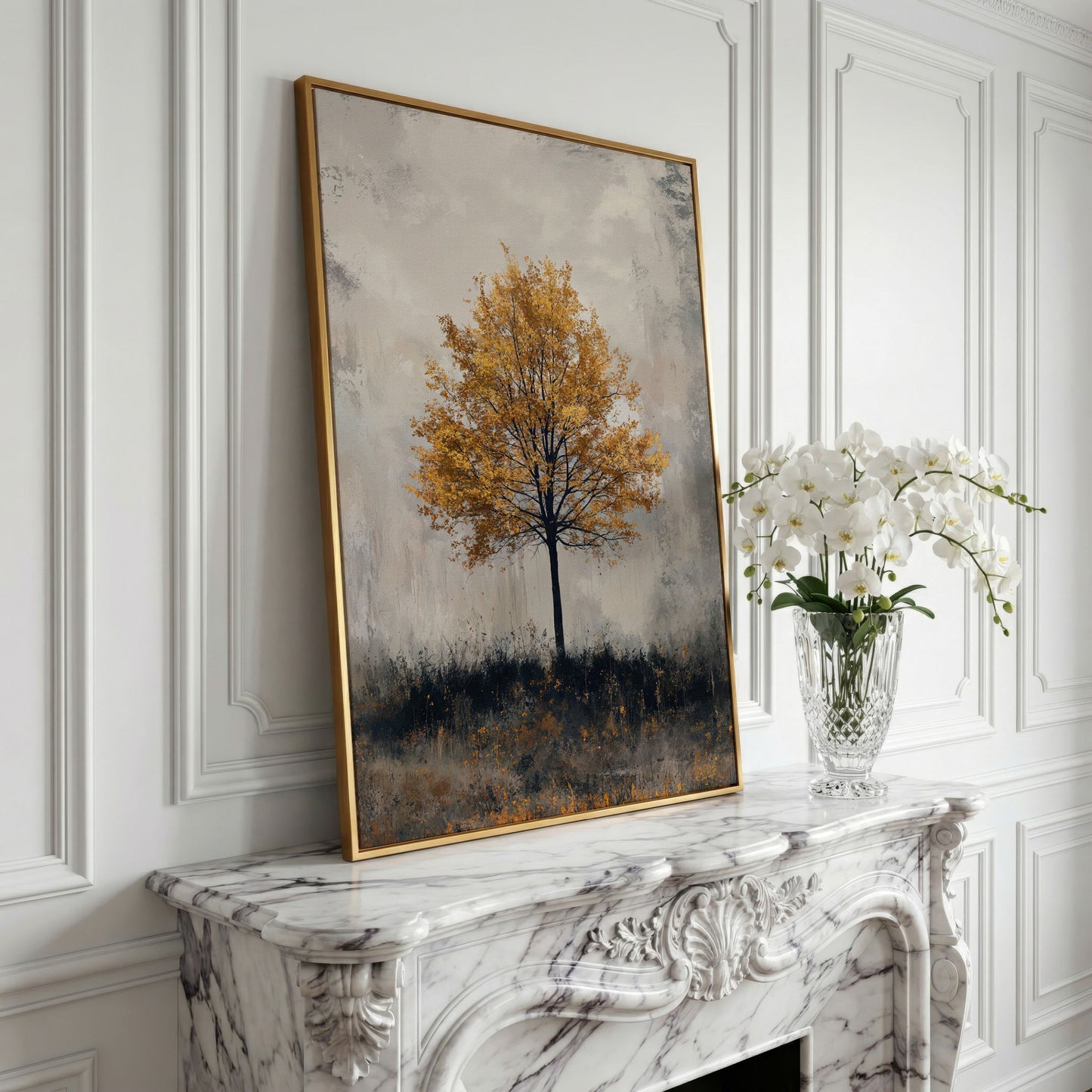 Autumn Golden Leaf Tree Canvas Print, Farmhouse Decor in yellow gold floating frame