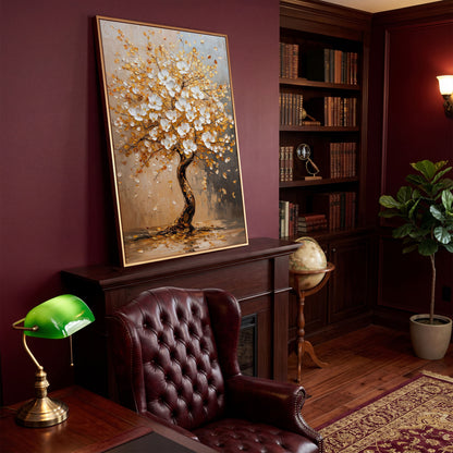 Elegant Blossom Tree Canvas Print in antique gold floating frame