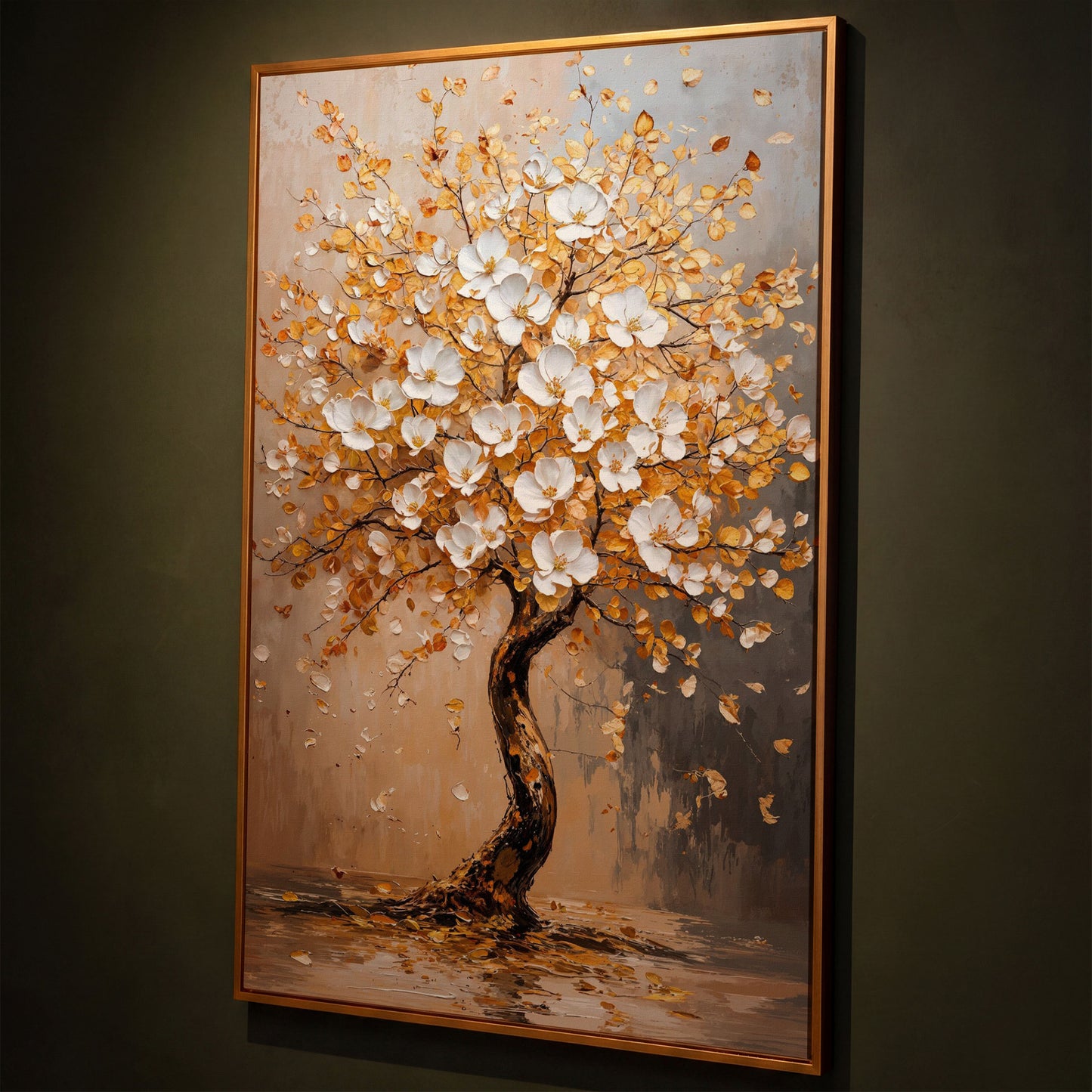 Elegant Blossom Tree Canvas Print shown in antique gold floating frame