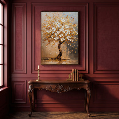 Elegant Blossom Tree Canvas Print in dark walnut floating frame