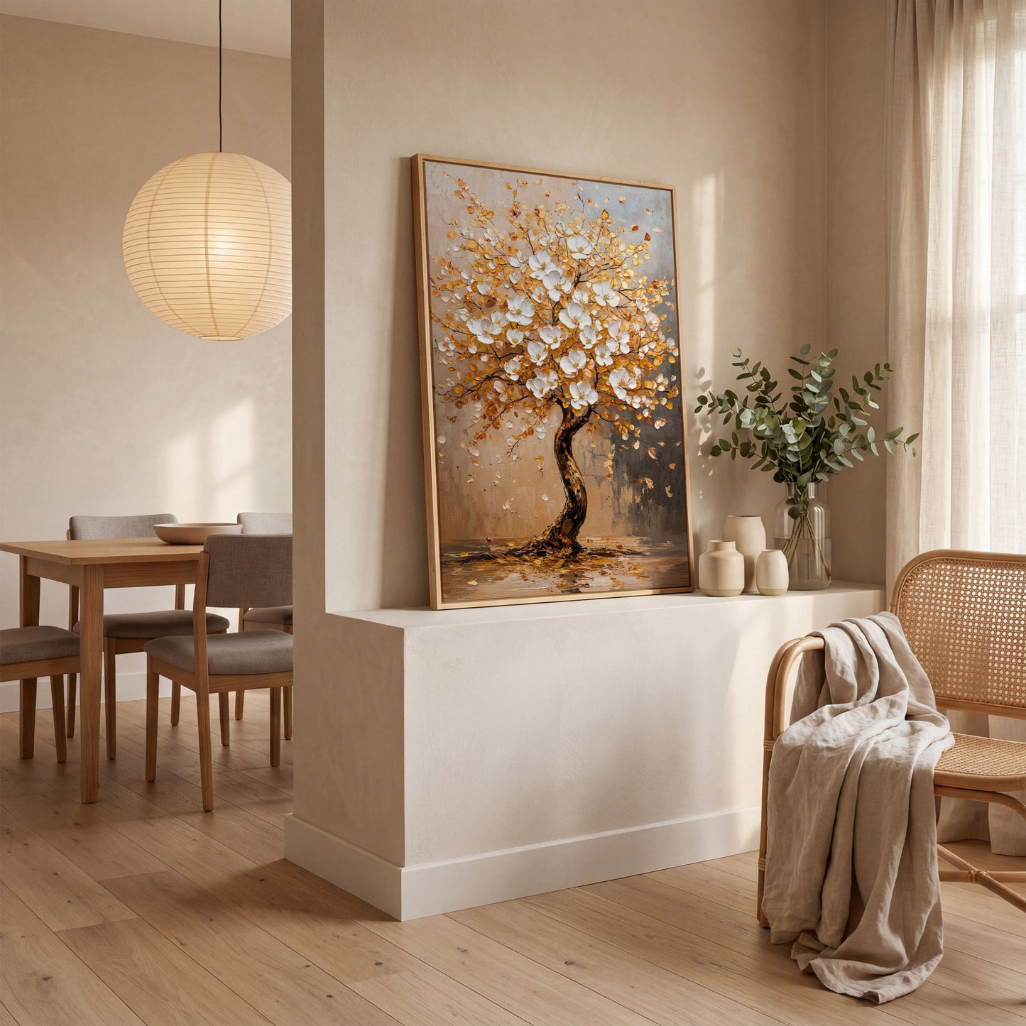 Elegant Blossom Tree Canvas Print in white oak floating frame
