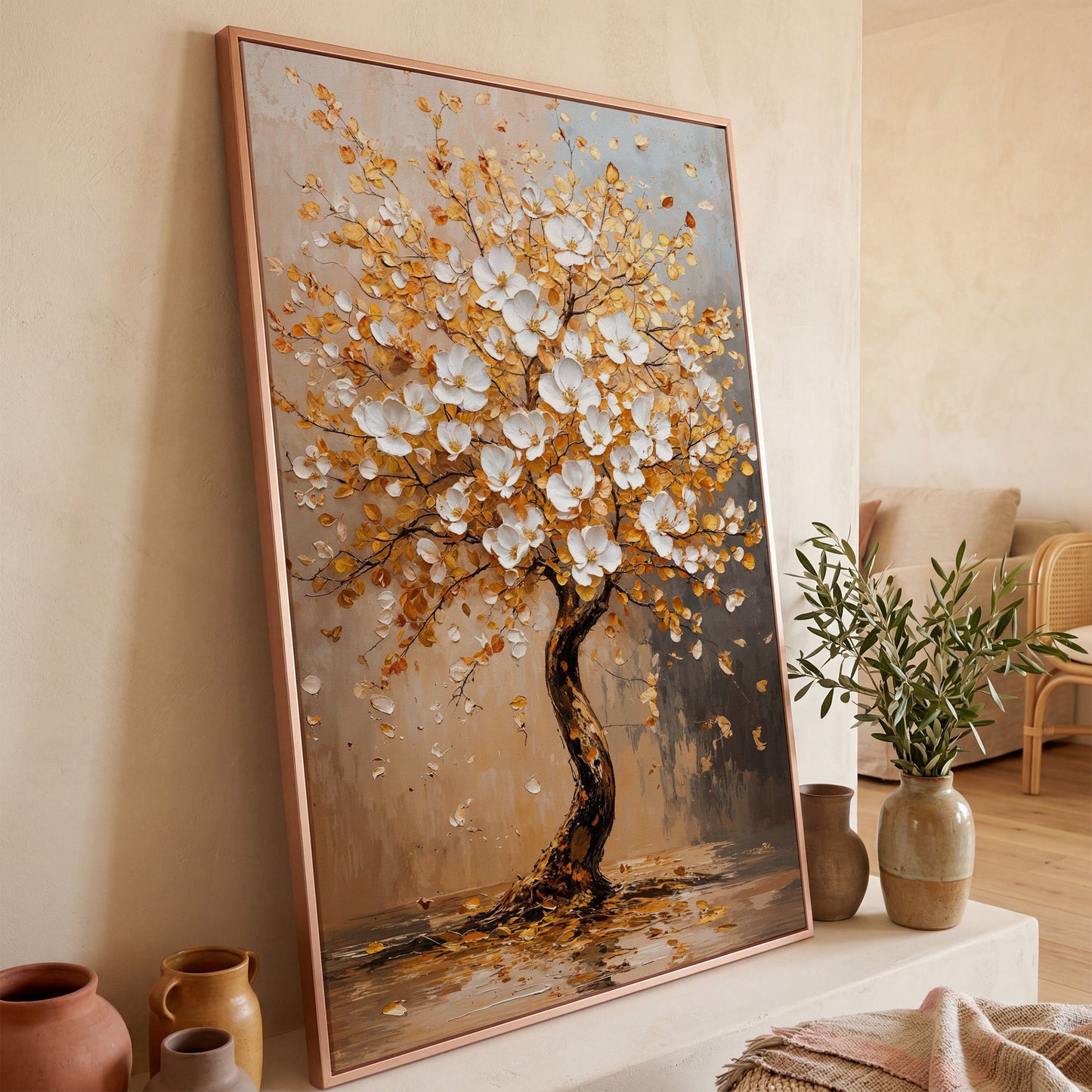 Elegant Blossom Tree Canvas Print in rose gold floating frame