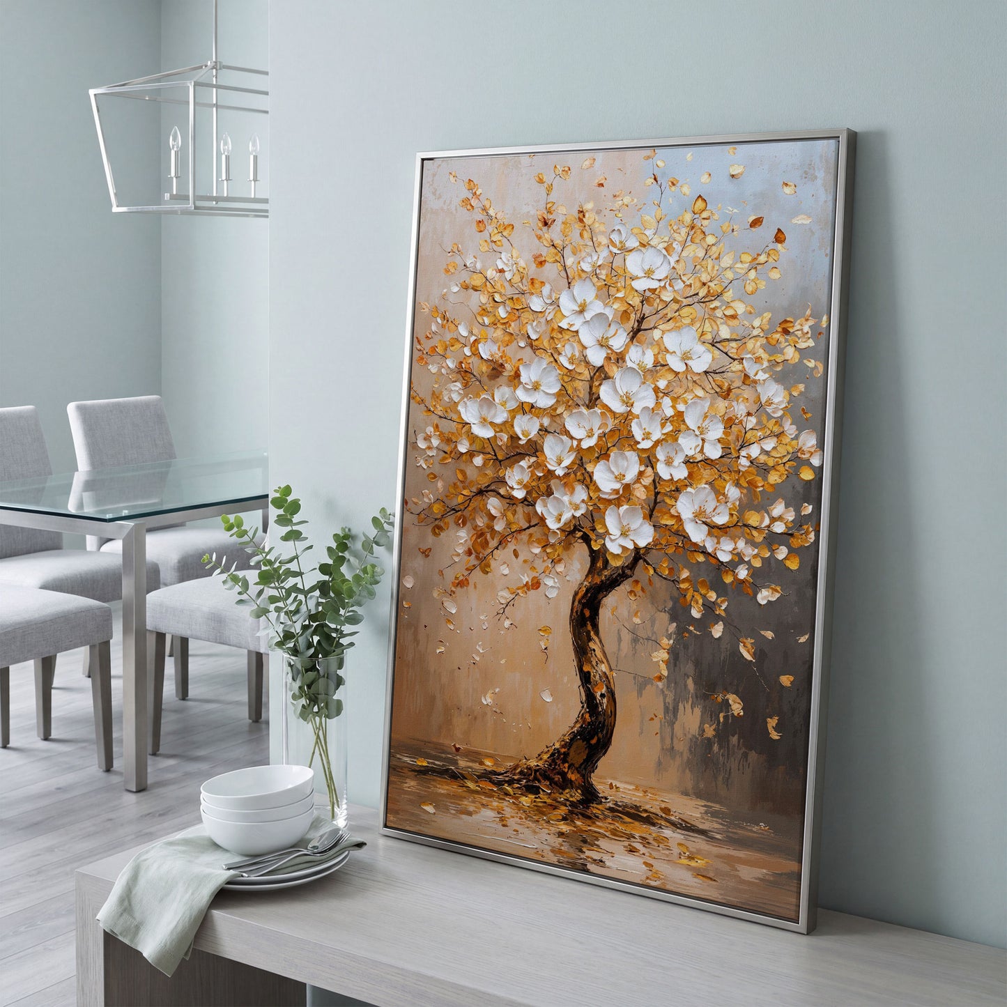 Elegant Blossom Tree Canvas Print in silver floating frame