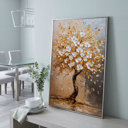 Elegant Blossom Tree Canvas Print in silver floating frame