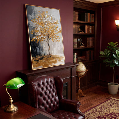 Gold and White Tree Canvas with Reflection in antique gold floating frame