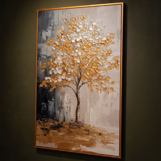 Gold and White Tree Canvas with Reflection shown in antique gold floating frame