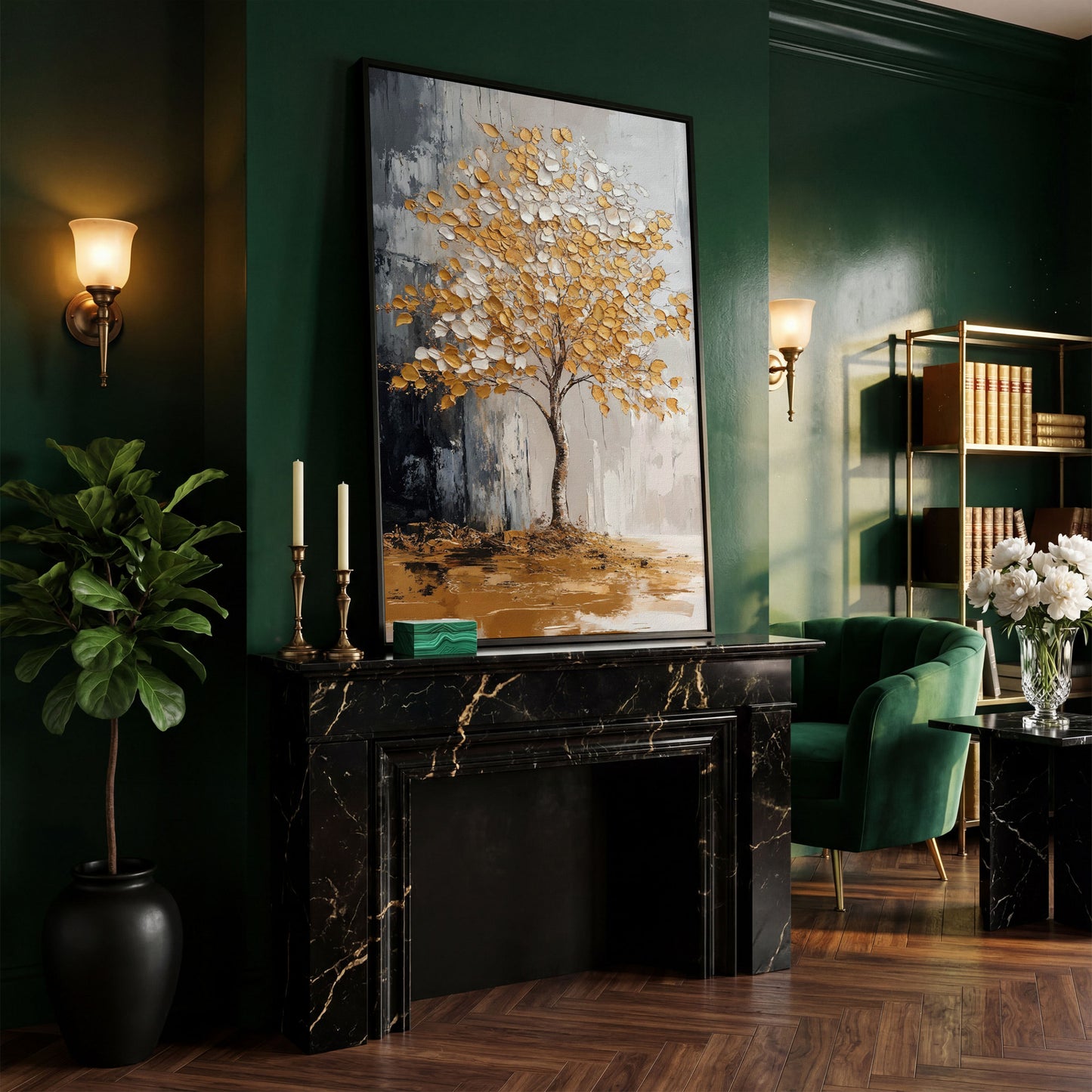 Gold and White Tree Canvas with Reflection in black floating frame