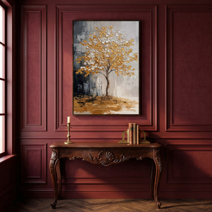 Gold and White Tree Canvas with Reflection in dark walnut floating frame