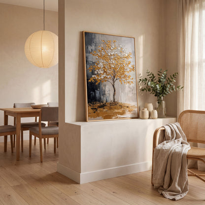 Gold and White Tree Canvas with Reflection in white oak floating frame