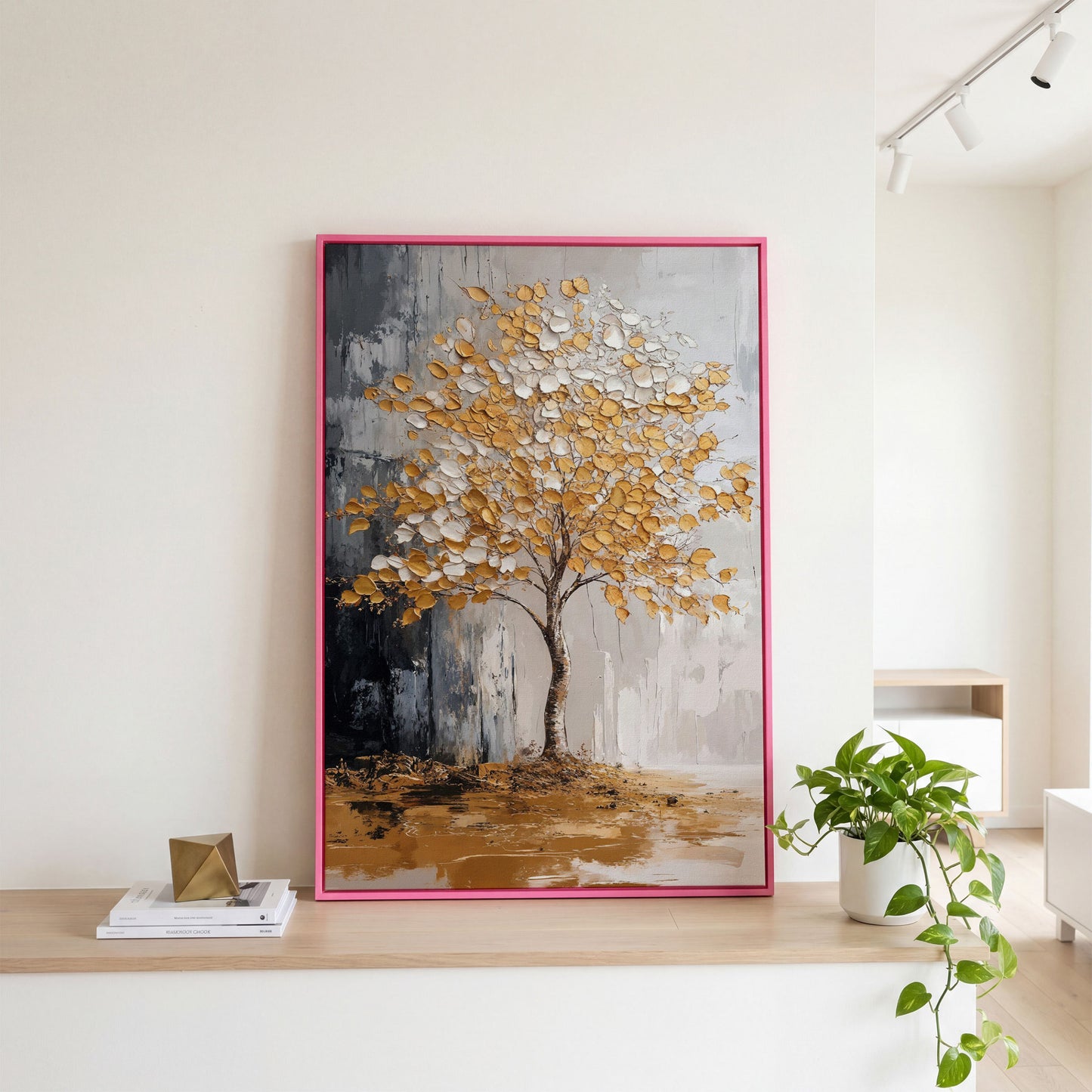 Gold and White Tree Canvas with Reflection in pink floating frame