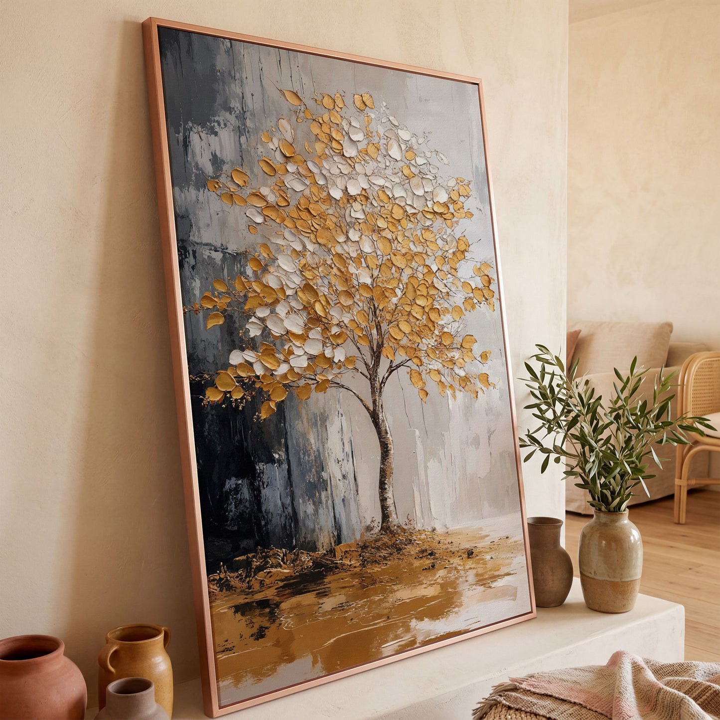 Gold and White Tree Canvas with Reflection in rose gold floating frame