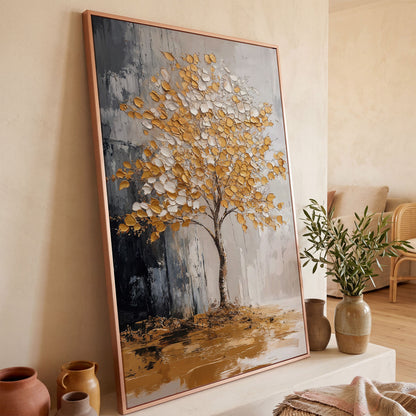 Gold and White Tree Canvas with Reflection in rose gold floating frame