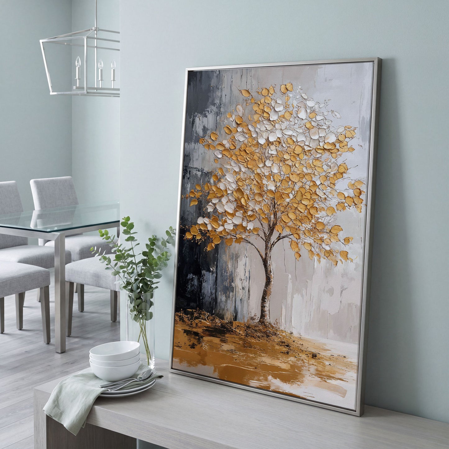 Gold and White Tree Canvas with Reflection in silver floating frame