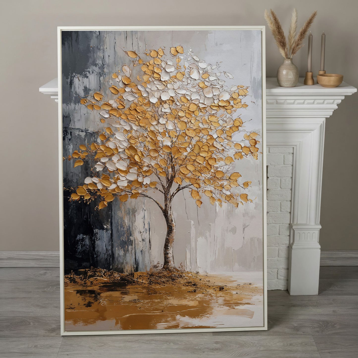 Gold and White Tree Canvas with Reflection in white floating frame