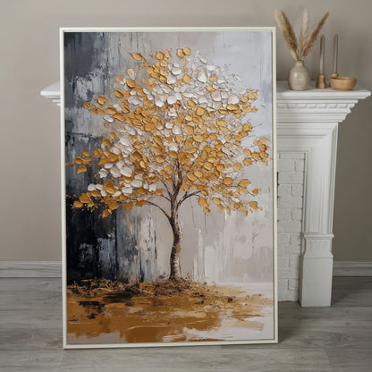 Gold and White Tree Canvas with Reflection in white floating frame