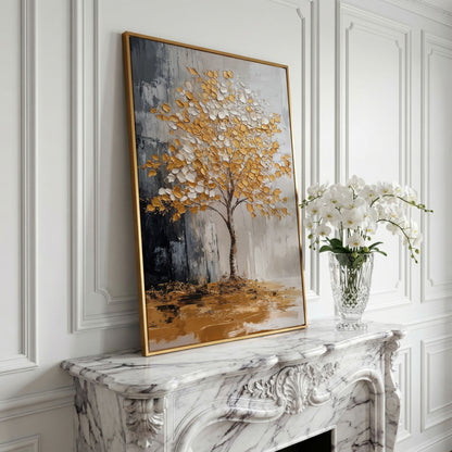 Gold and White Tree Canvas with Reflection in yellow gold floating frame
