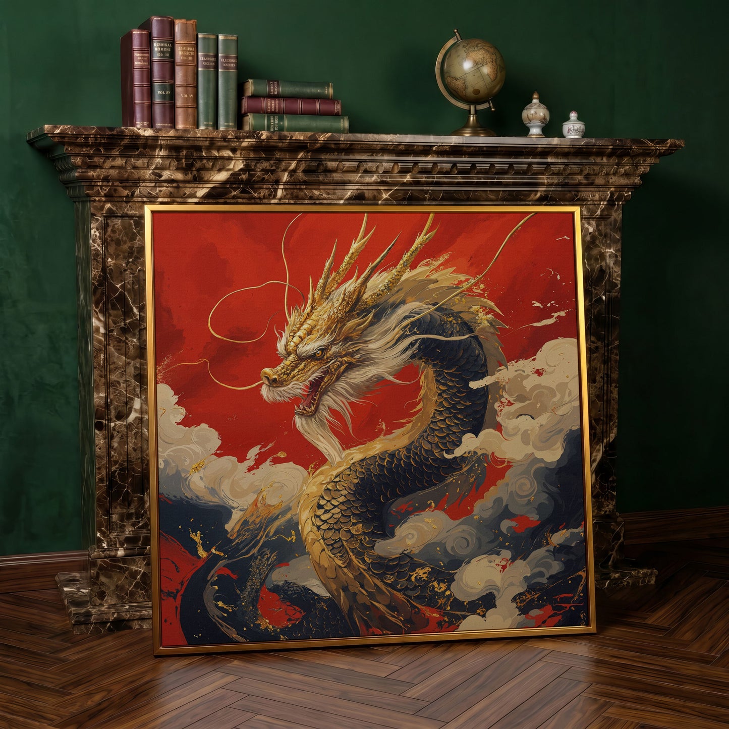 Golden Dragon Canvas Print in antique gold floating frame