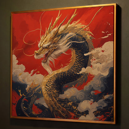 Golden Dragon Canvas Print shown in antique gold floating frame