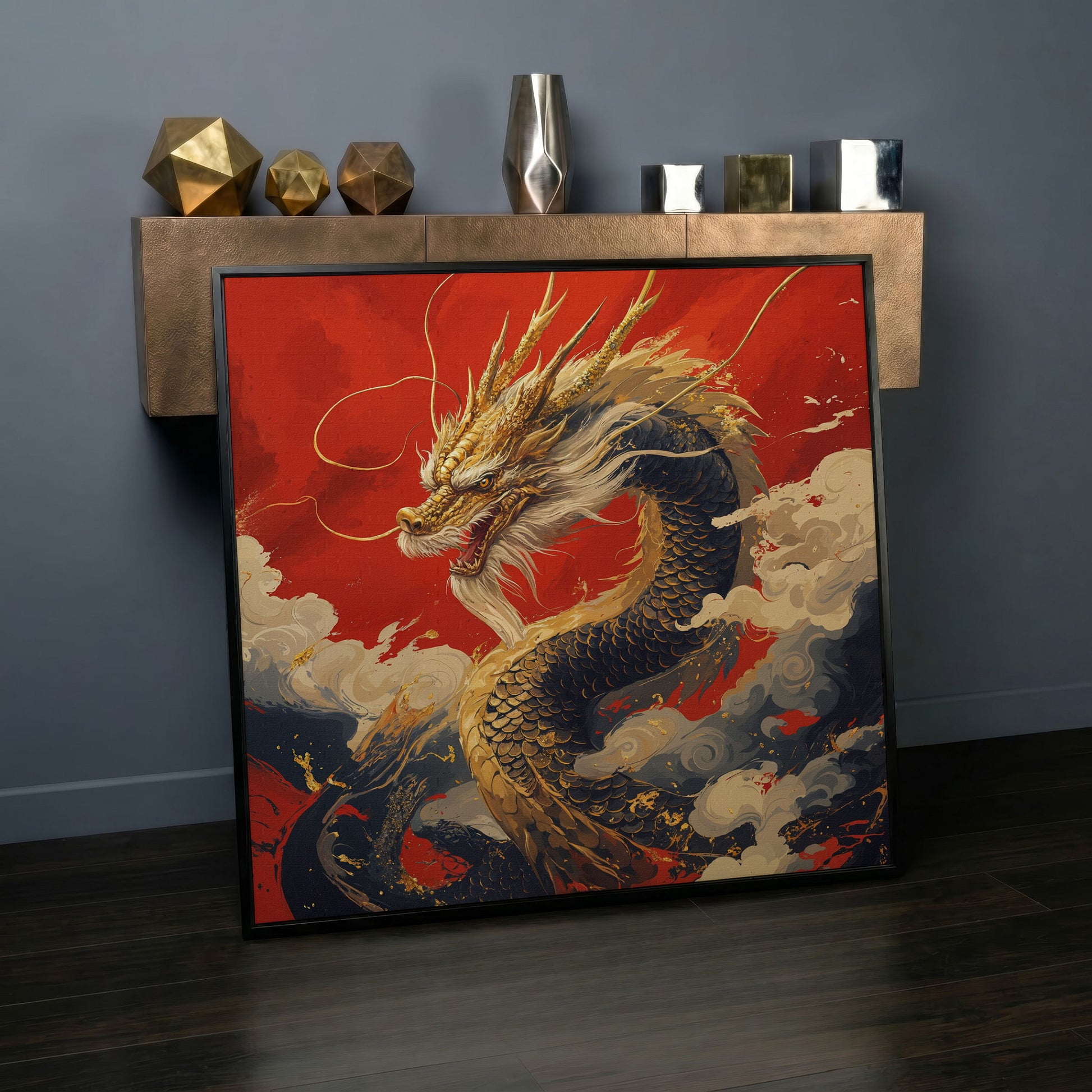 Golden Dragon Canvas Print in black floating frame