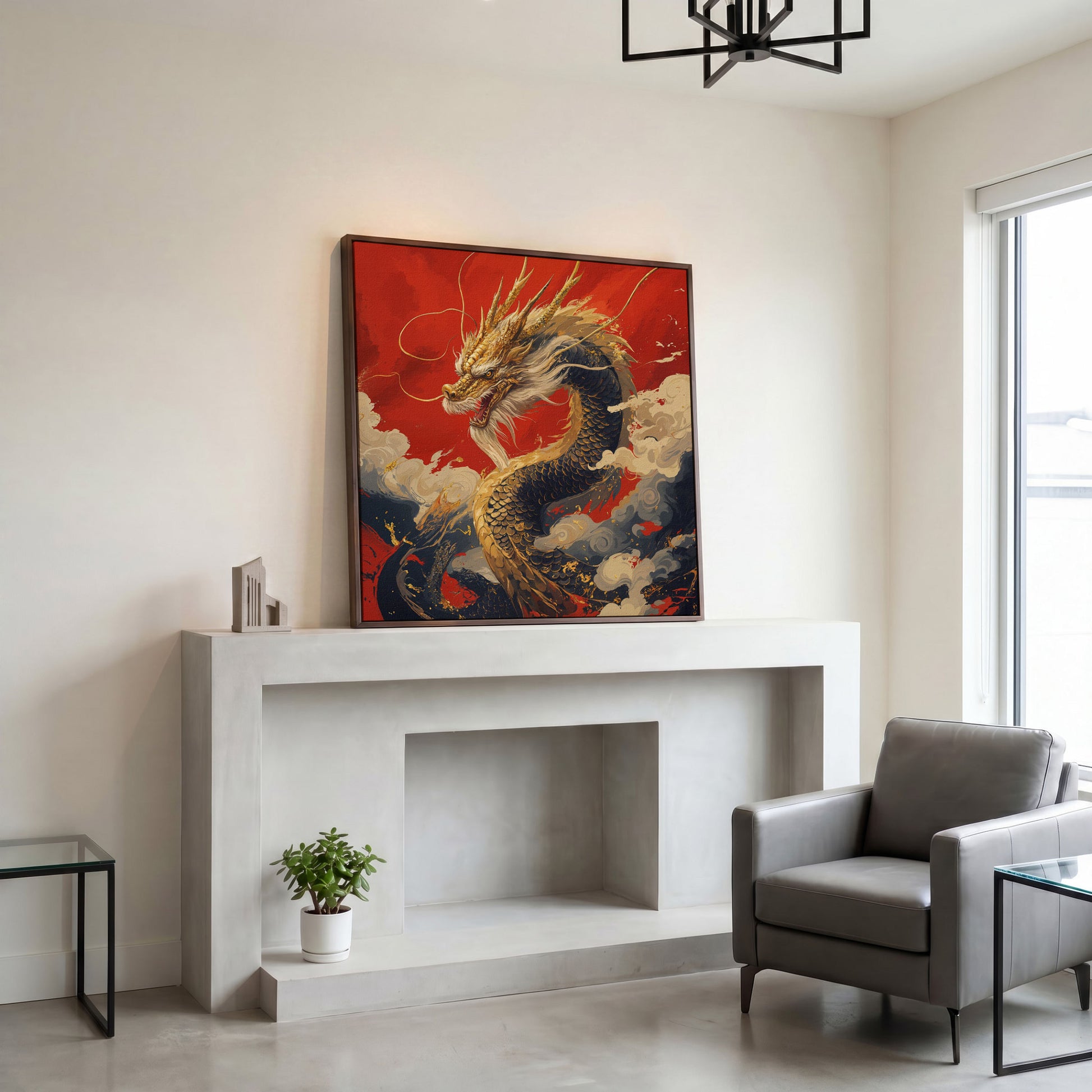 Golden Dragon Canvas Print in dark walnut floating frame