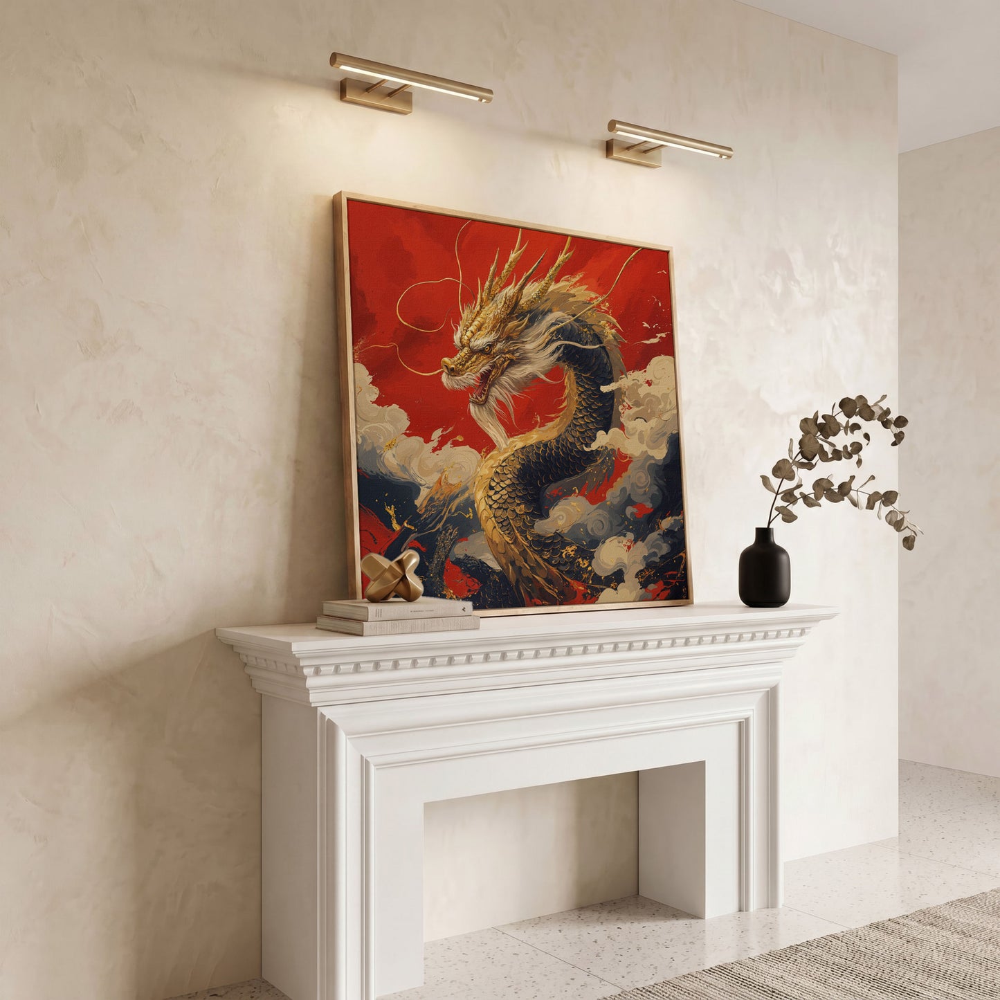 Golden Dragon Canvas Print in white oak floating frame