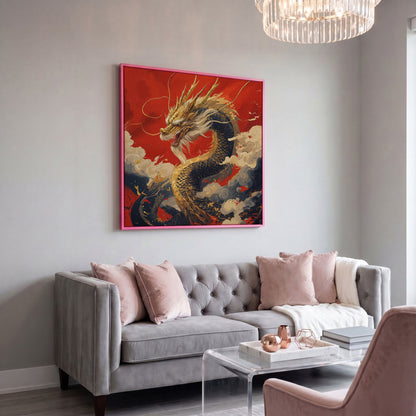 Golden Dragon Canvas Print in pink floating frame