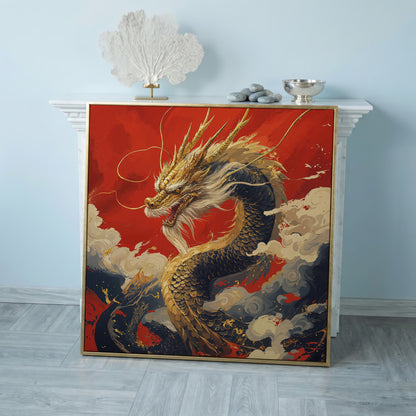 Golden Dragon Canvas Print in rose gold floating frame
