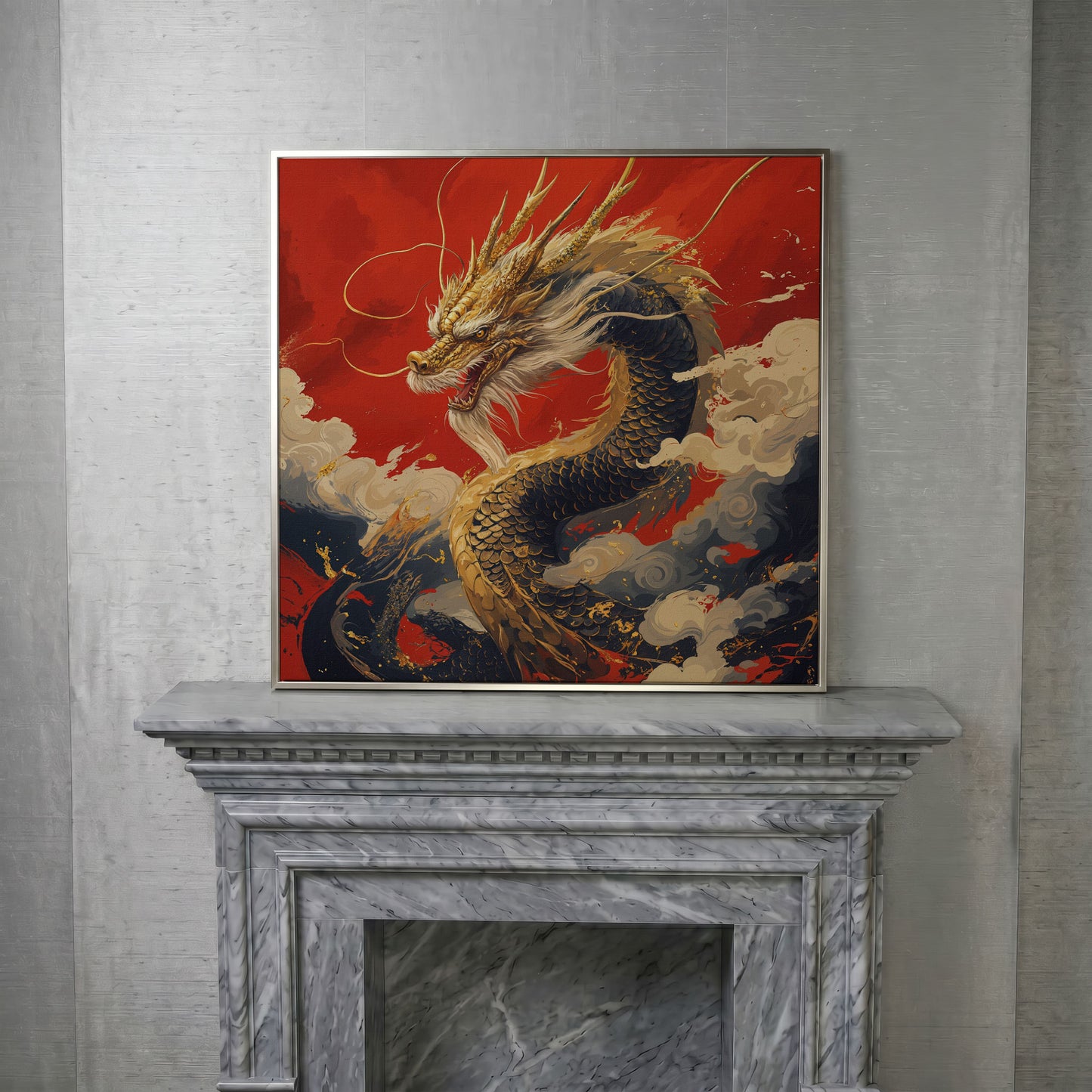 Golden Dragon Canvas Print in silver floating frame